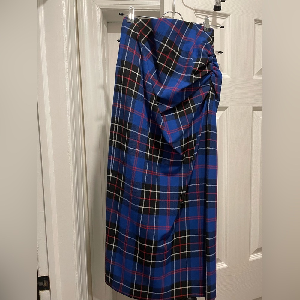 Plaid pencil skirt with slit in blue multi plaid